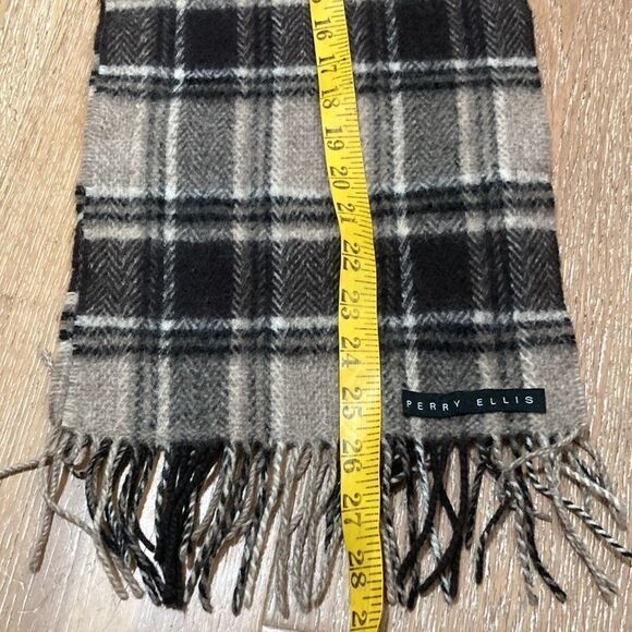Perry Ellis dark brown and tan plaid wool scarf. - Picture 6 of 6